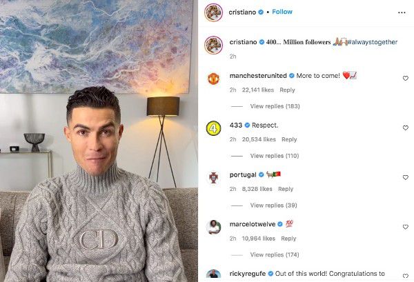 C罗发Siuuu庆祝INS粉丝过4亿 社交网站上粉丝最多的名人