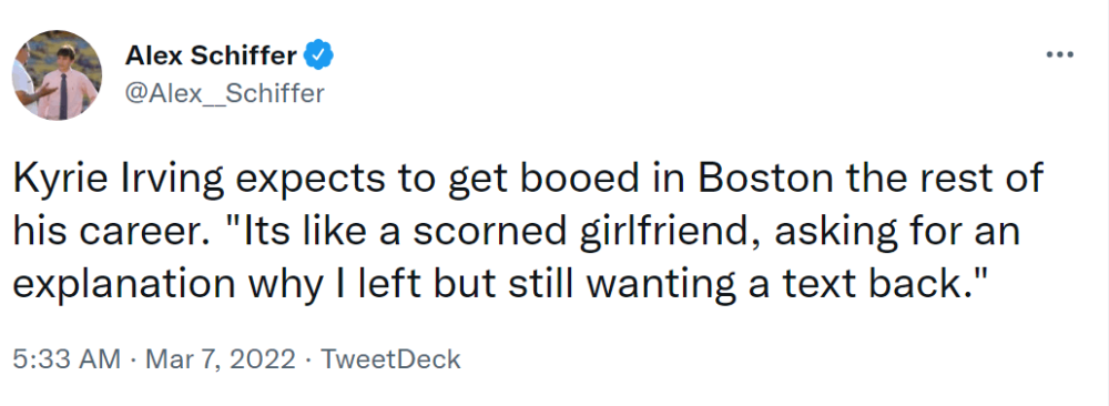 欧文吐槽凯尔特人球迷嘘声  像前女友问我为什么离开她