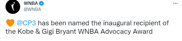 保罗获以科比Gigi命名的宣传奖 颁奖者是科比遗孀瓦妮莎