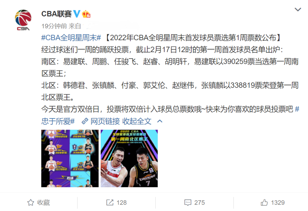 CBA更新第一周全明星首发票选结果  易建联张镇麟当选南北区票王