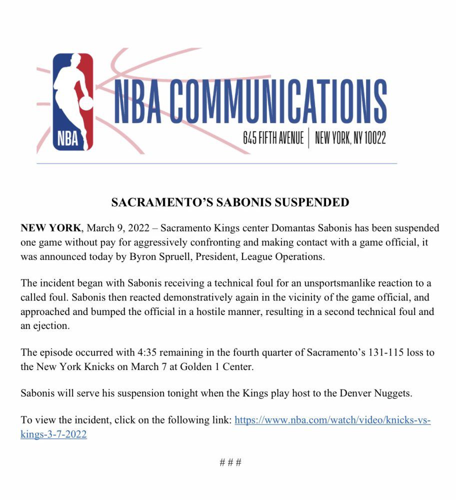 小萨因和裁判肢体接触被禁赛一场 国王反对罚单