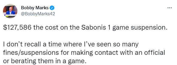 小萨因和裁判肢体接触被禁赛一场 国王反对罚单