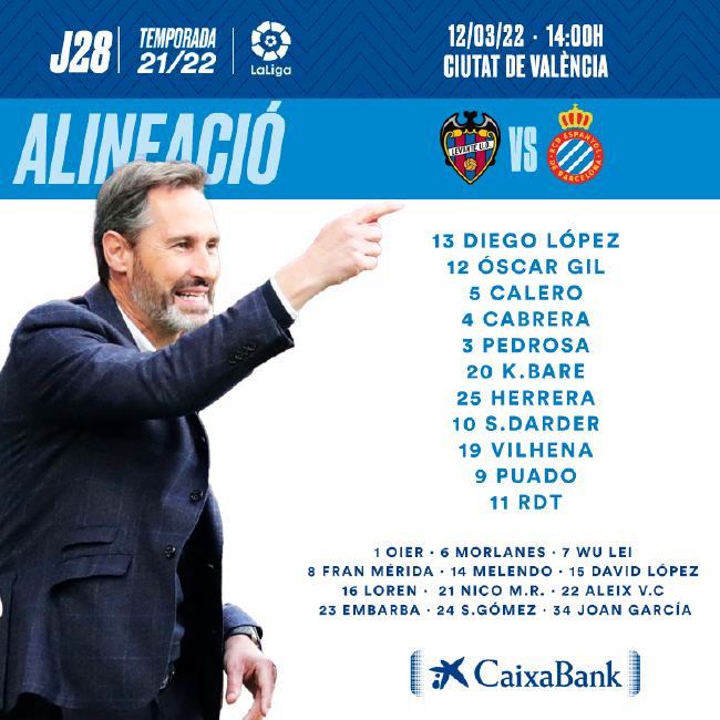 西班牙人公布对战莱万特首发名单 武磊连续18轮西甲替补