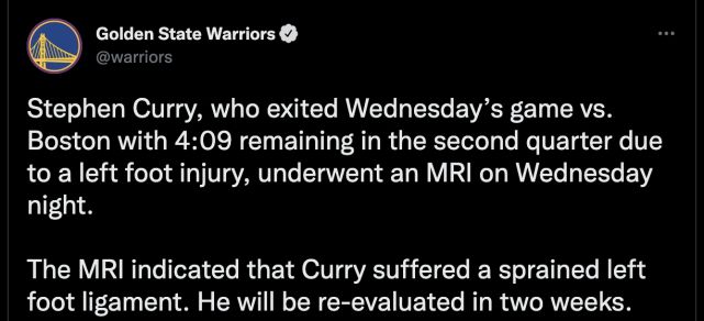 勇士更新最新伤情名单  库里将在两周后进行伤情测评