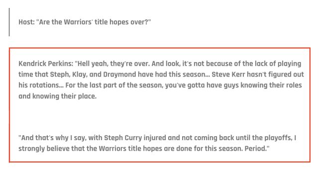 帕金斯不看好勇士 怀斯曼伤情出炉