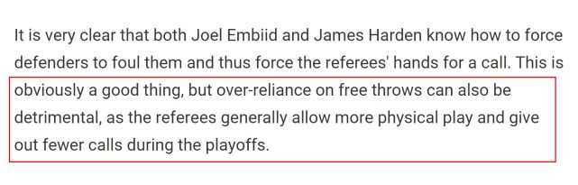 罚球命中数比投篮命中数还多 美媒列恩比德哈登数据显示