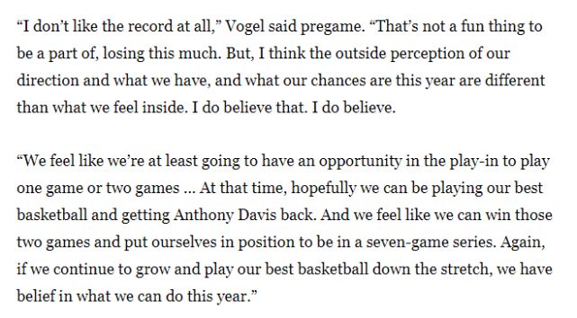 沃格尔只要浓眉回归 有信心通过附加赛晋级季后赛