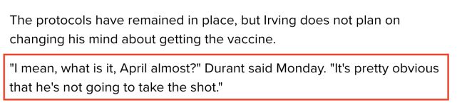 杜兰特相当难受 欧文仍不打算改变疫苗立场