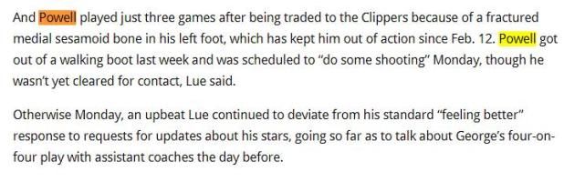 快船记者报道 乔治和鲍威尔或将在附加赛或季后赛回归