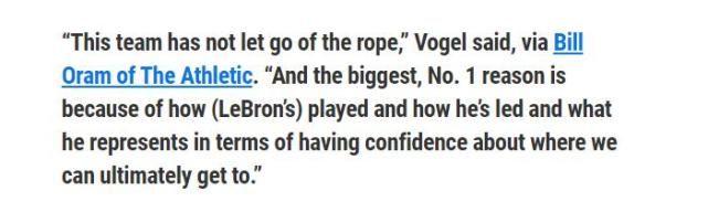 沃格尔谈湖人不放弃原因 詹姆斯始终充满信心