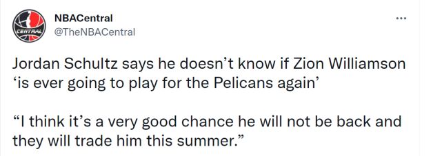 锡安伤势康复已开始对抗训练 但预计将不会在本赛季复出