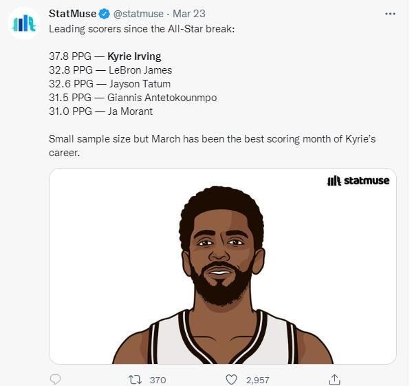 欧文成为了篮网的遮羞布 末节全队16分他一人拿下10分