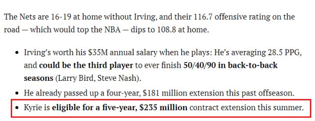 官方宣布欧文可以主场打球 篮网还会和他续签顶薪合同