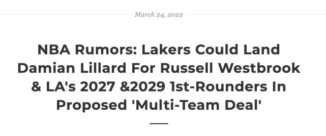 美媒建议将威少换成利拉德 奥尼尔看好湖人