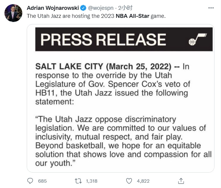 2023NBA全明星举办地点已确认 将由犹他爵士举行