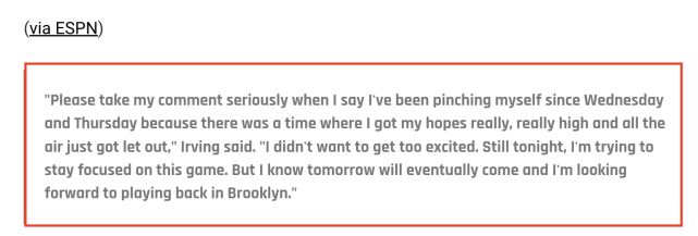 欧文恢复全职后首次采访 重返主场打球非常兴奋