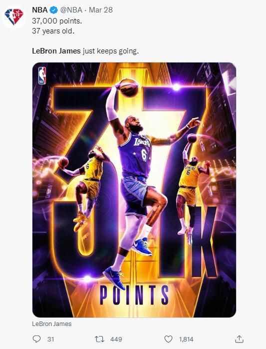 球迷表示他仍是世界上最好 官方庆祝37岁詹皇达成37000分