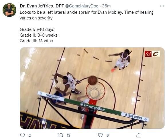 骑士在与魔术比赛中三人受伤 医生分析莫布里脚踝伤势分三级