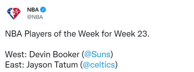 塔图姆与布克当选本周最佳球员 塔图姆同月三次当选比肩詹姆斯