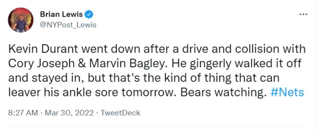 杜兰特90度崴脚左脚踩到了约瑟夫的脚面 继续留在场上比赛