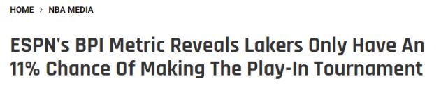 湖人仅进入附加赛概率11% 鹈鹕高达99%马刺88%