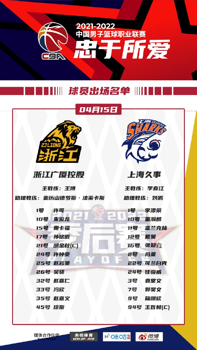 cba季后赛半决赛 广厦上海两位主要轮换球员缺席
