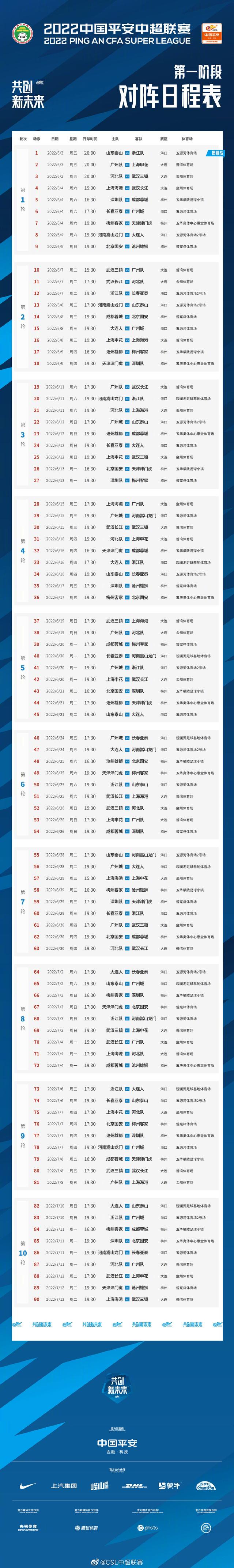 ​2022中超第一阶段赛程信息公布详细出炉