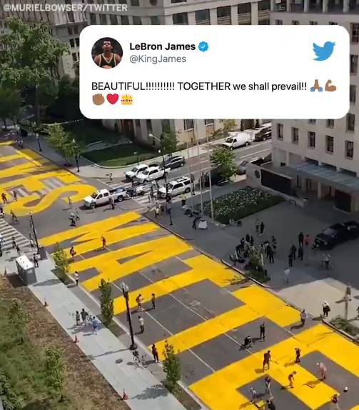 华盛顿特区一条马路被刷上“黑人命也是命”  詹姆斯转发并评论